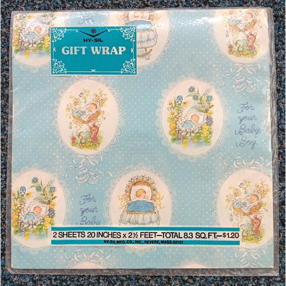 Vintage Hy-Sil Gift Wrap Wrapping Paper For Your Baby Boy Shower 2 Sheets 20x30